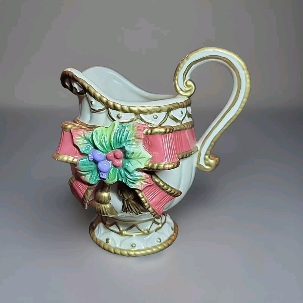 Fitz & Floyd Christmas Deer Creamer Holiday Ribbons 5"
